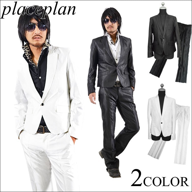 送料無料Place planショート丈光沢地シャンブレースーツホワイト型番113S8477-04-12ホワイト　ブラックキレイメお兄ホスト　メンズ スーツ 結婚式 2次会 成人式