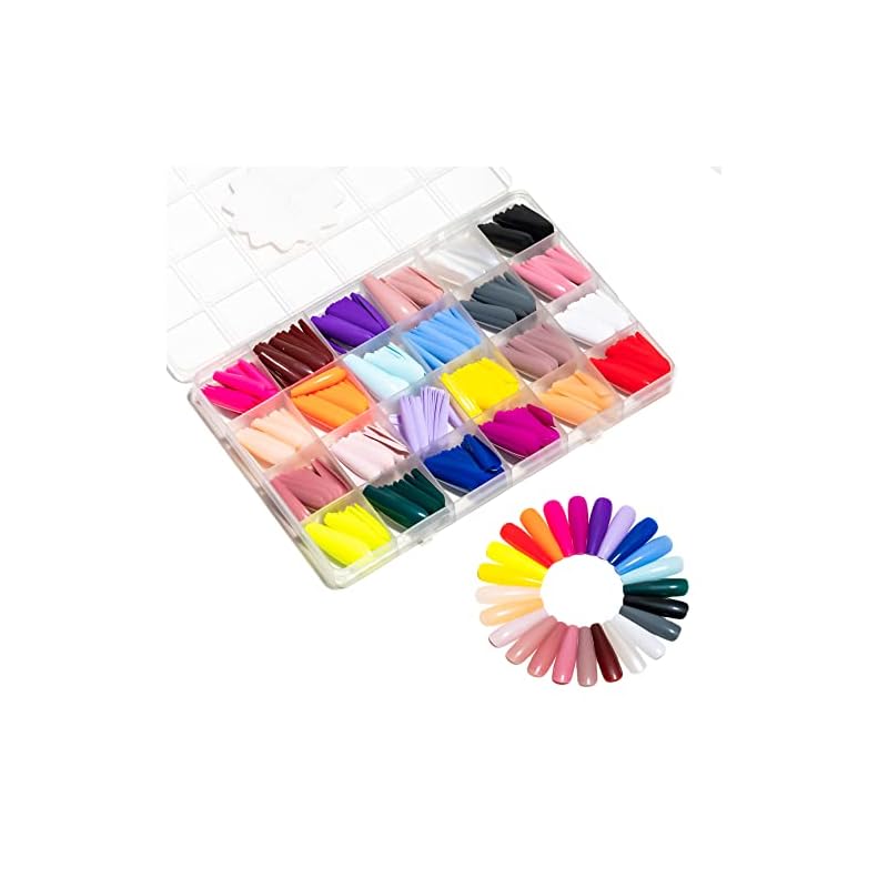 Sun&Beam Nails ネイルチップ 無地 24色 つけ爪 ソリッドカラー かわいい 人気 おしゃれ 大容量 収納ボックス付き ナチュラル 付け爪 24枚入 (#8-グロッシーロングバレリーナ)