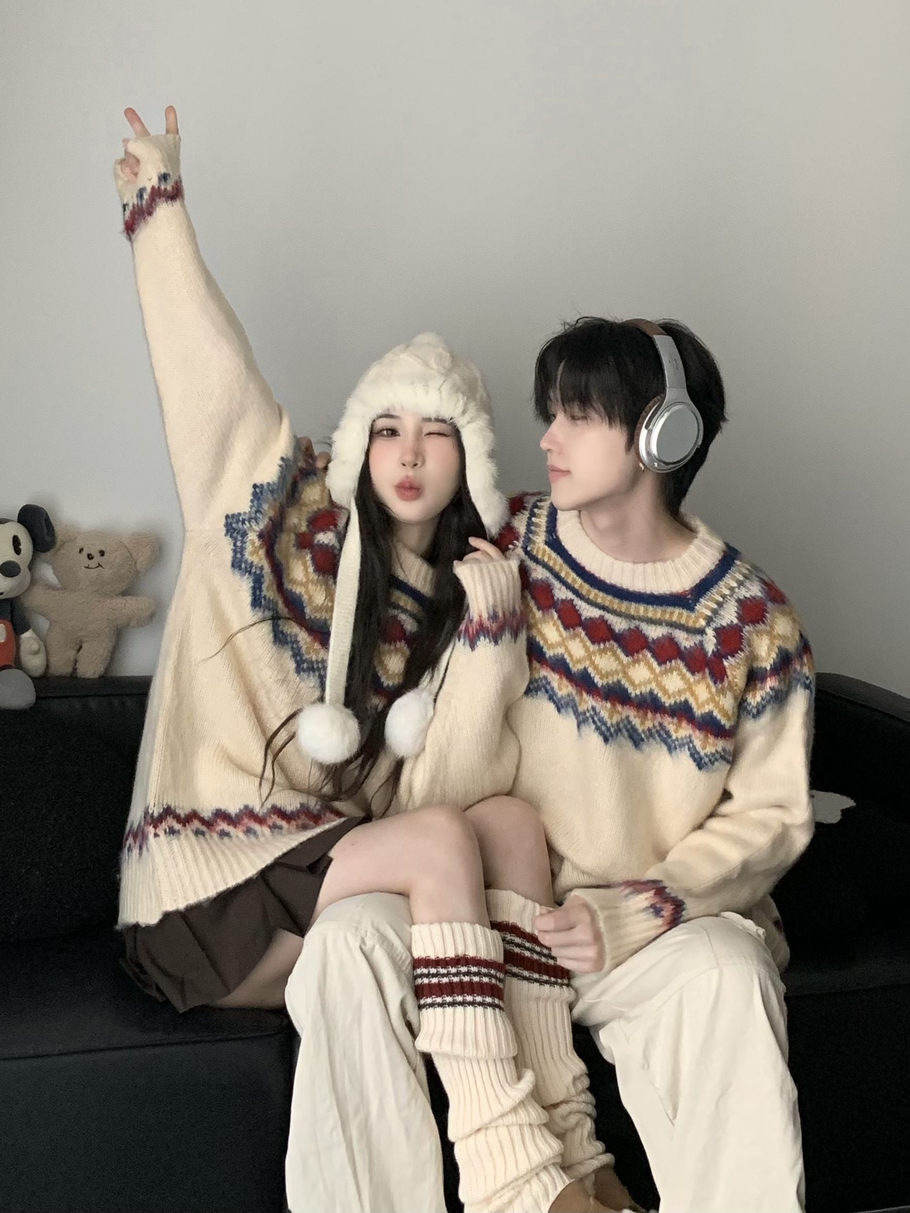 2025 秋冬 暖かいブルオーバーニットフレンチ厚手防寒 韓国っぽトップス長袖 ストリートシルエットファッション男女兼用デザインゆるかわ風配色 あったか女っぽカジュアル大人サイズゆったりレディースプル