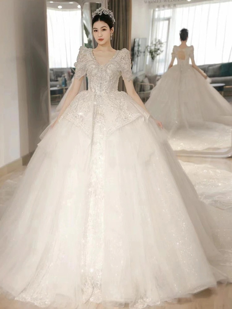 重工業ウェディングドレス 2025年新作花嫁 メインベール 女性 小さな逃亡者プリンセス 質感ドレス