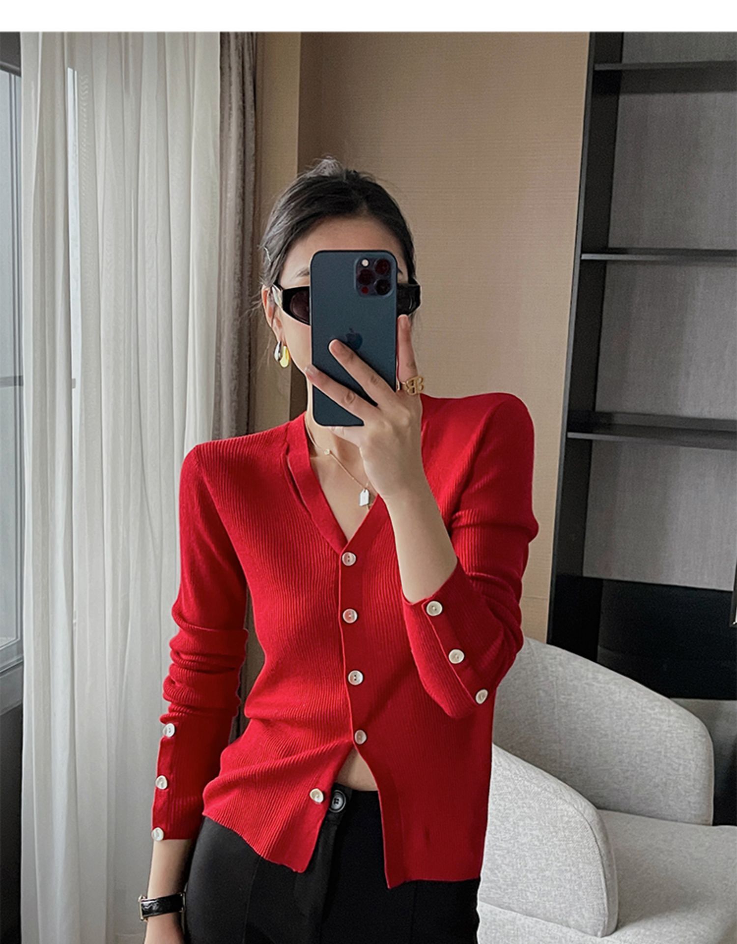 レディース ファッション エレガント カーディガン トップ 秋 冬 女性 スタイル V ネック スリム ボトム シャツ レッド ＳＭＬXL トップス 袖あり かわいい 大人可愛い きれいめ シンプル