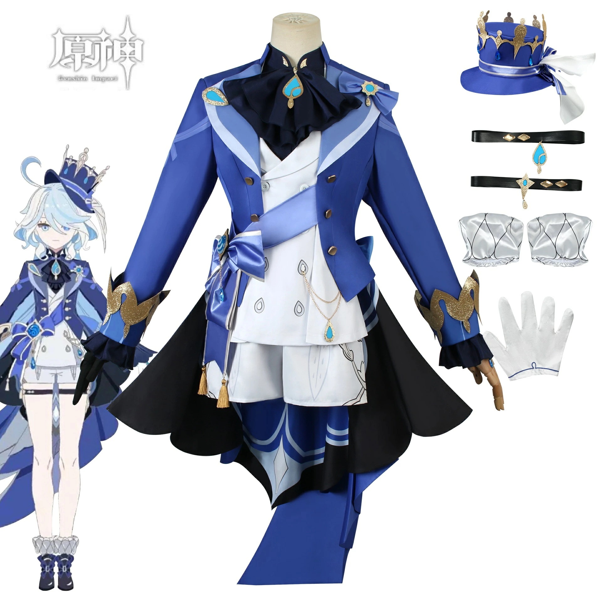 20品質良い!店舗お勧め!原神 水神　フリーナ　ウィッグあり 制服 全身セット セットアップ コスプレ衣装 コ シャツ ショートパンツ 仮装 変装 女の子 Cosplay ハロウィン変装 イベント 学