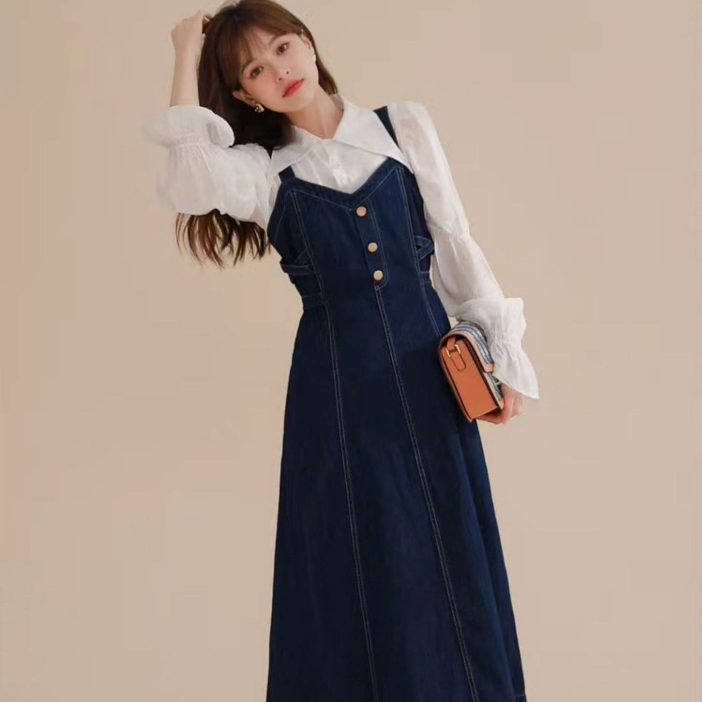 トップス スカート ワンピース シャツ ブラウス 白シャツ デニムスカート デニムワンピース ミモレ ミモレ丈 袖あり 長袖 ボリューム袖 Vネック 角襟 セミフレア デニム 上下セット 2点セット