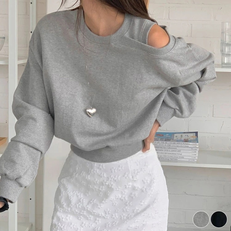 スウェット トップス レディース トレーナー カットショルダー 長袖 無地 トップス 秋 春 ピンク 黒 グレー ロンＴ おしゃれ 韓国 かわいい