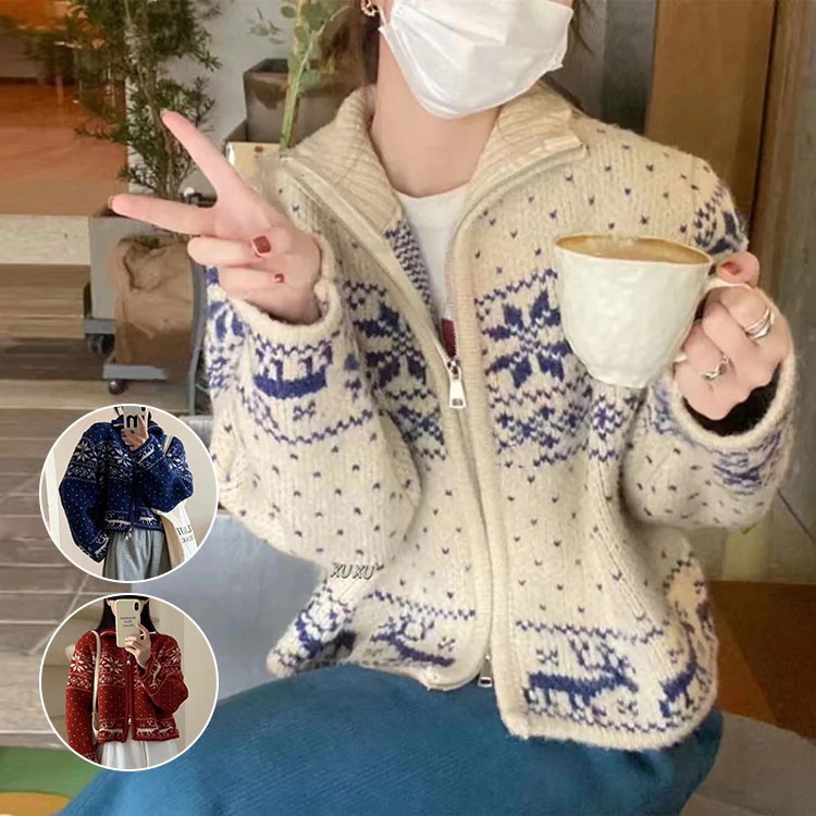 ジャケット レディース カーディガン ハイネック ニット セーター かわいい クリスマス衣装 長袖 雪柄 レッド セーター 女性 春秋 秋冬 トップス 柔らかい 暖かい 保温防寒 ストレッチ 北欧