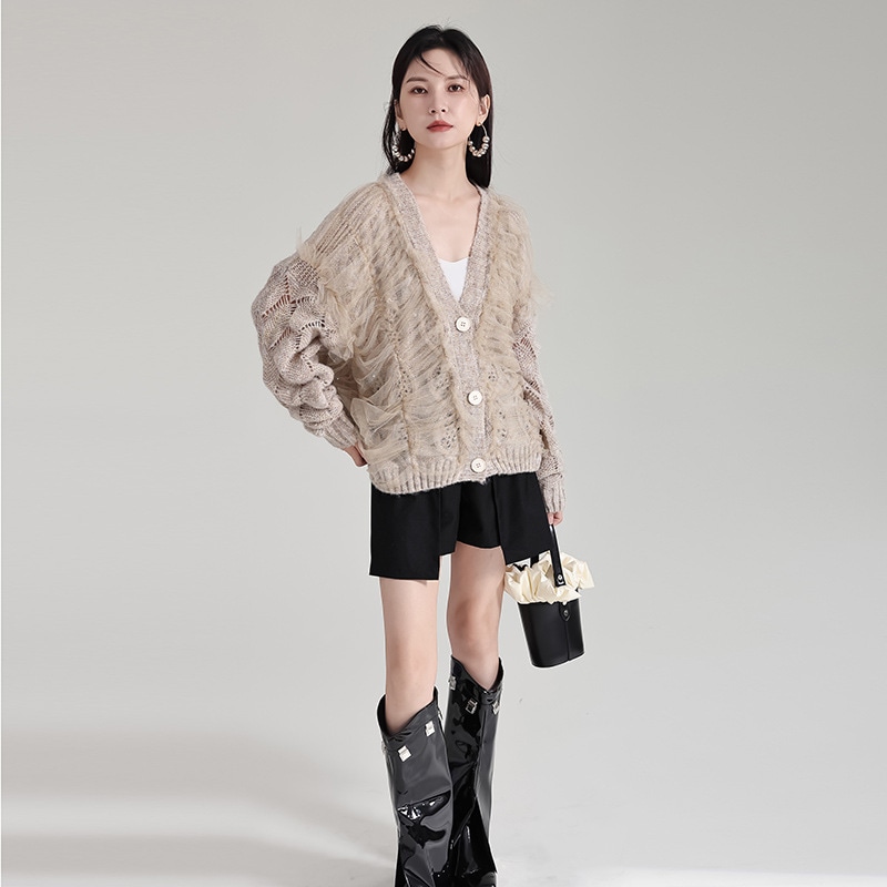【J.Fashion】 ニットカーディガン vネック ドッキング チュール ニット セーター レディース おしゃれ 関連商品は店で購入可能 メガ割