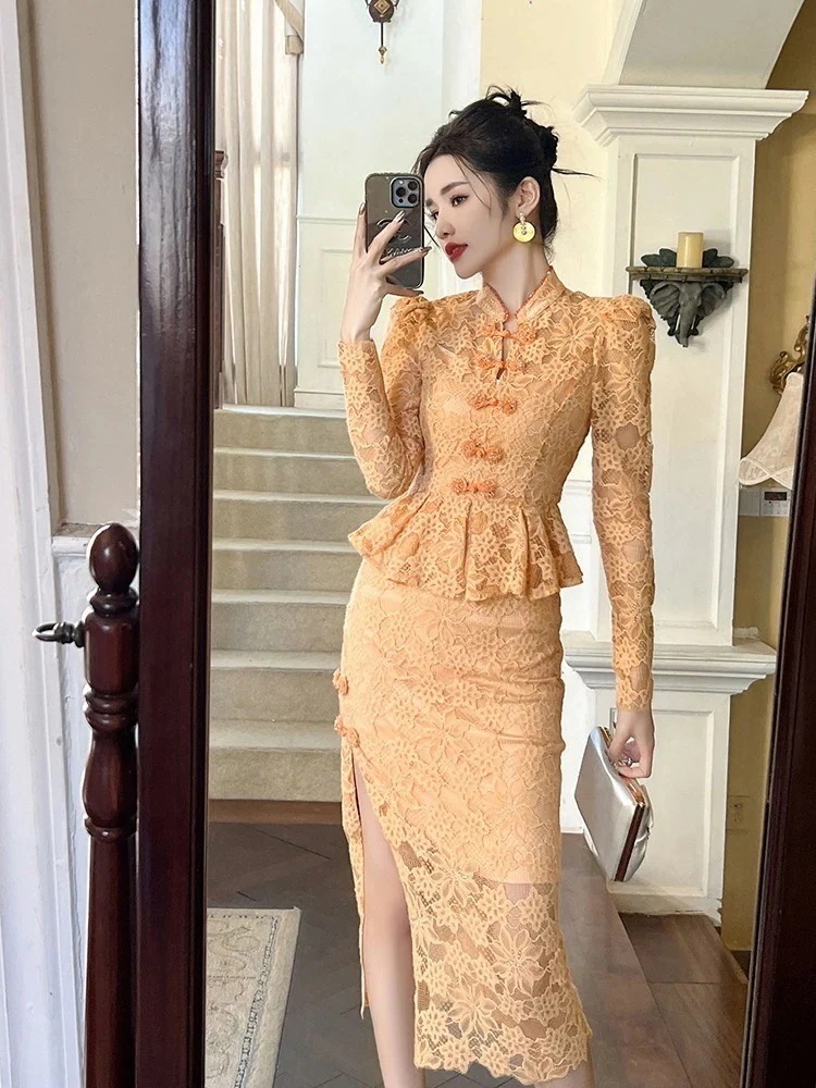 お呼ばれ フリル 大人 披露宴 着痩せ 二次会 パーティー 卒業式 ドレス 結婚式 キャバ 上下セット 同窓会 ウェディング 中華風 秋冬 チャイナドレス