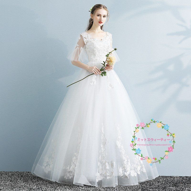 ウエディングドレス マタニティドレス エンパイア 半袖 結婚式 花嫁 ロングドレス サイズ 調節 大