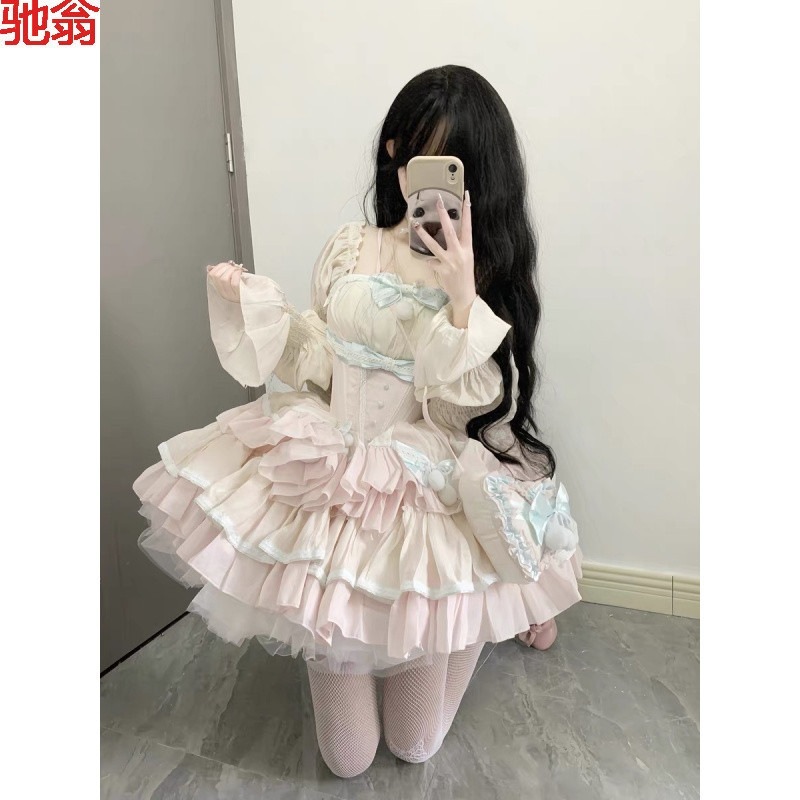 Qy 甘い年齢軽減ロリータプリンセスドレス重工業ガーリーリボンコントラストカラースプライシングウエストスタイルパフィー