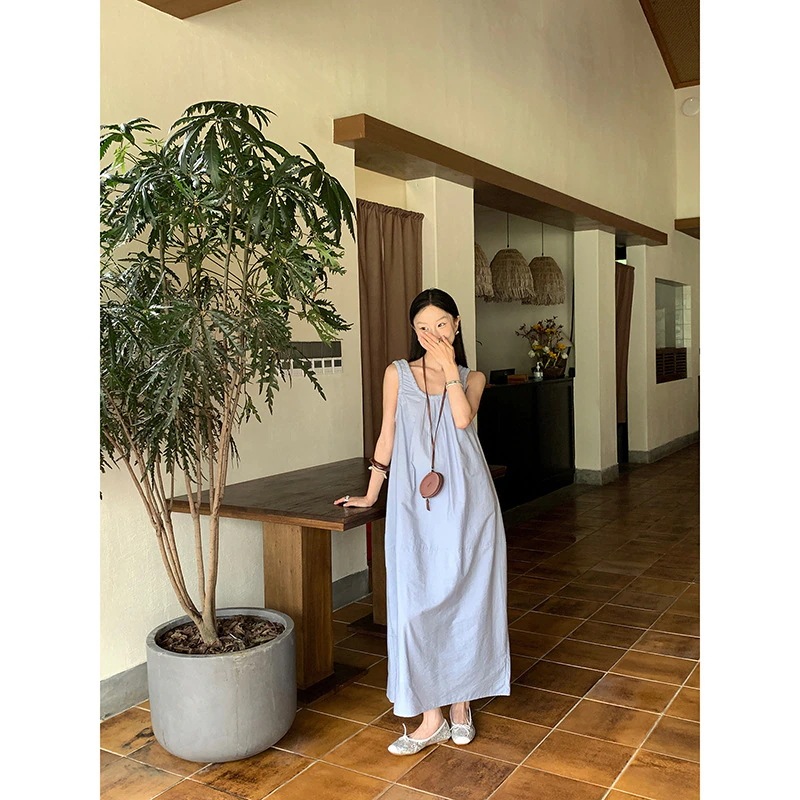 トレンドドリームdt Etlieミニマリストuネックノースリーブドレスサマーベストドレススモックストラップ気質ウエストロングスカート