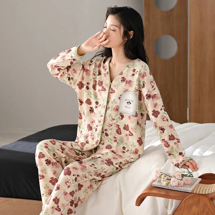 パジャマ 綿100％ レディース 前開き ルームウェア 花柄 可愛い 春 秋 長袖 上下セット Ｖネック 通気性 快適 部屋着 寝間着 寝巻き コットン100％ 柔らかい 肌触りがいい 大きいサイズ