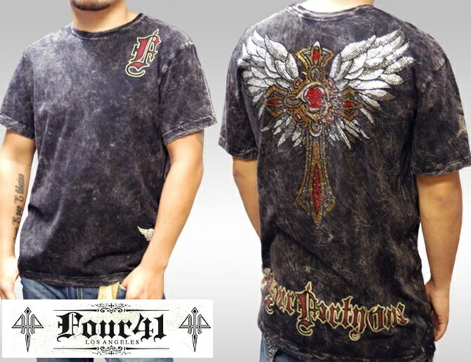 Four41 Los Angeles フォーフォーティーワン メンズ ラインストーン Tシャツ クロス ブラック M-16 スワロフスキー インポート セレブ ブランド ストリート サーフ LAセレブ