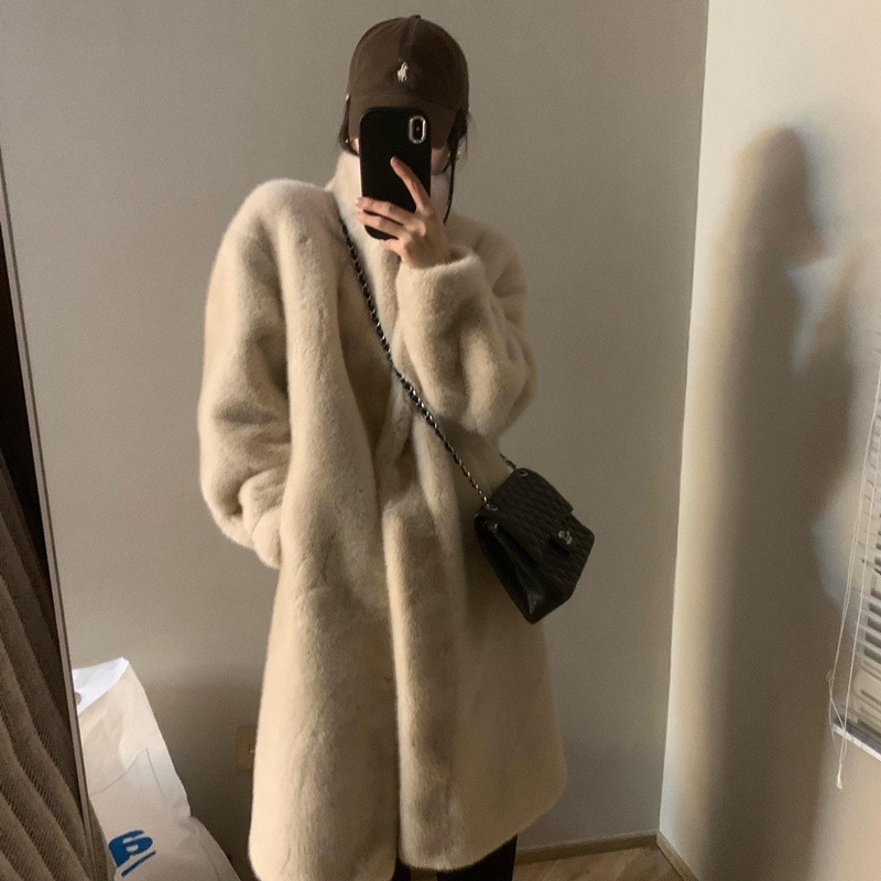 2025 冬ヤングミンクロングスタンドカラーワンピースミンクぬいぐるみエコフレンドリーファージャケット女性用