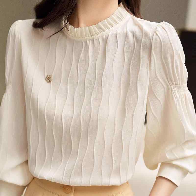 シャツ シフォンブラウス スタンドカラー フリル襟 長袖 春秋 フェミニン エレガント 上品 トップス アーバン オフィス ビジネス 学校行事 万能コーデ レディース 婦人服