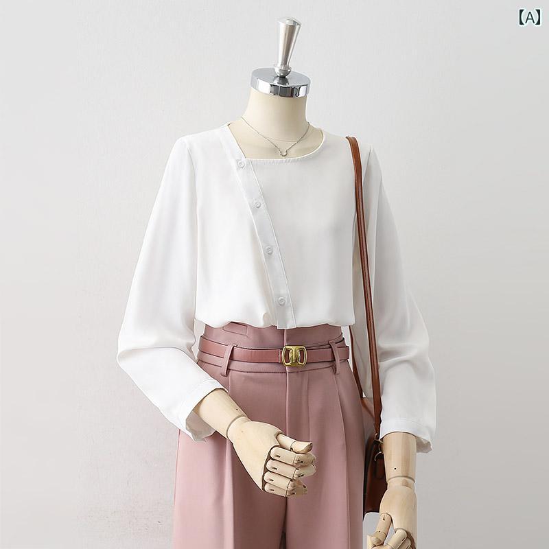 レディース シャツ ブラウス 長袖 春秋 斜めのシングルブレスト 白 スクエアネック 西洋風 個性的なデザイン ユニーク おしゃれ エレガント スタイリッシュ モダン モード オフィスカジュアル