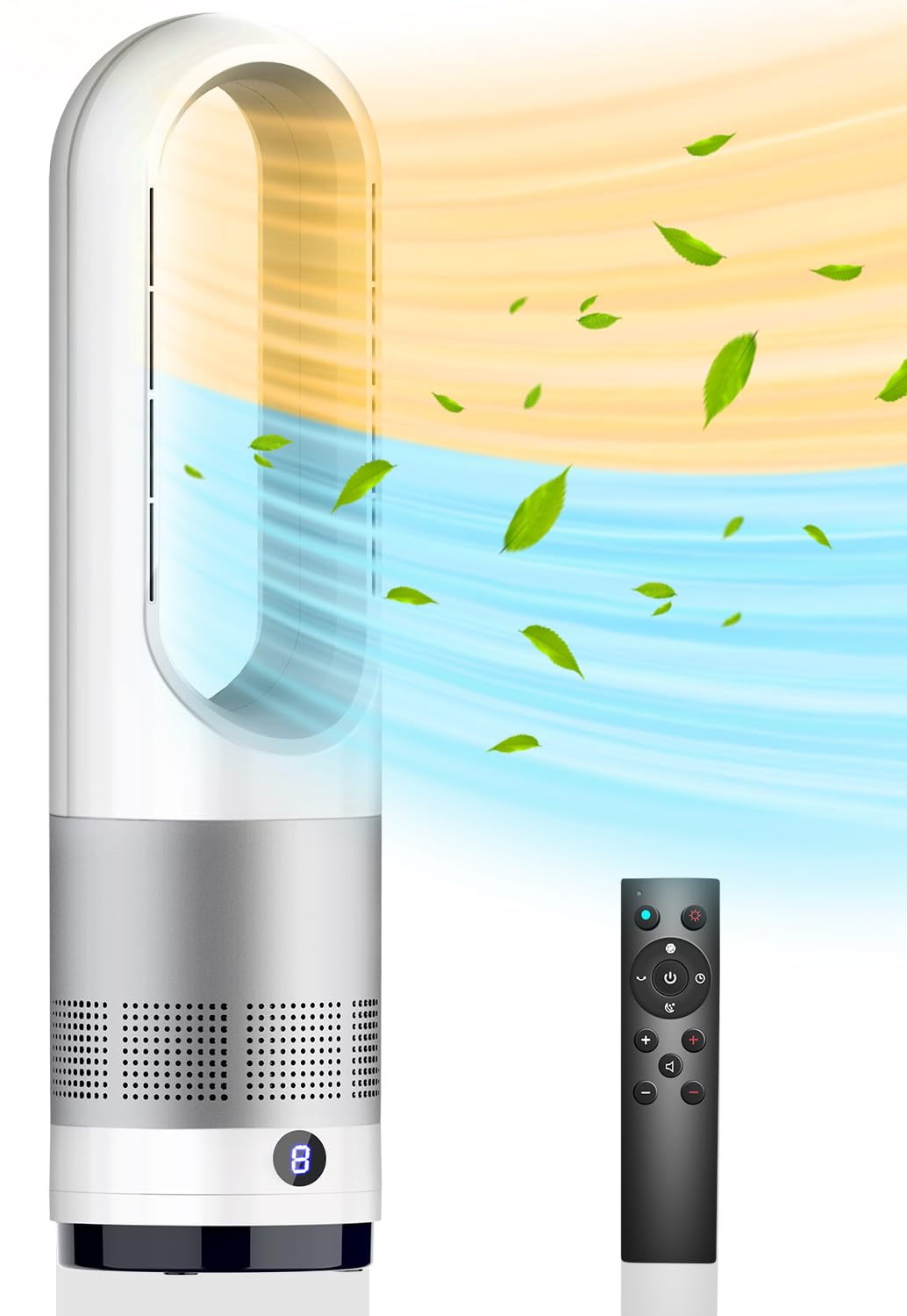 羽なし扇風機 タワーファン【冷暖房・節電】8段階冷風/3段階暖風 自動首振り 1-9切りタイマー リモコン付き 切り忘れ防止 過熱保護 転倒OFF タイマー機能 リモコン付き お手入れ簡単 電気ヒータ