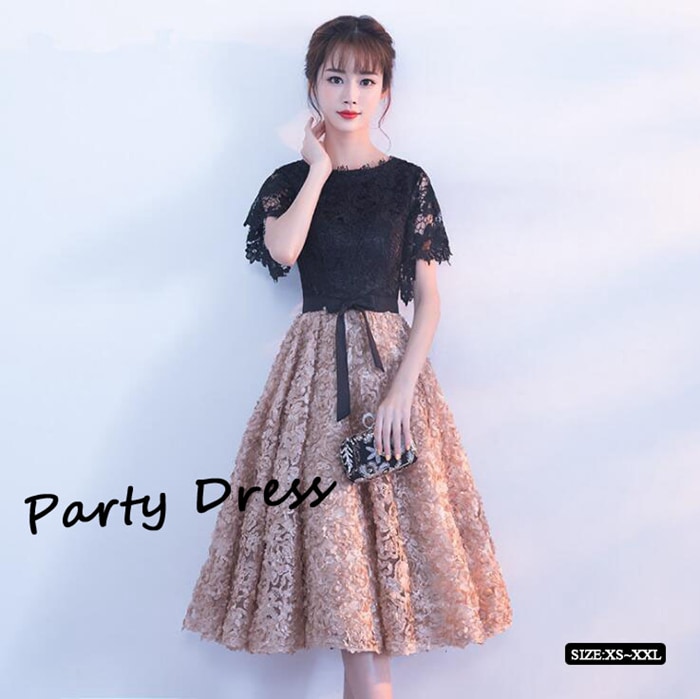 送料無料 パーティードレス 結婚式 ワンピース フレア袖　パーティドレス ミモレ丈 花柄　刺繍 ウェディングドレス ウエディング ドレス 二次会 花嫁 ブライズメイド お呼ばれ ワンピース 袖 ミモレ