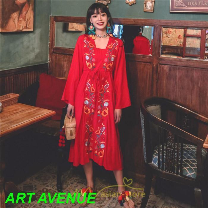 エスニック刺繍ワンピース ロングワンピース 夏 秋 長袖 大人可愛い リゾート 民族風 刺繍 着痩せ 体型カバー 大人 エレガント Aライン 20代30代40代