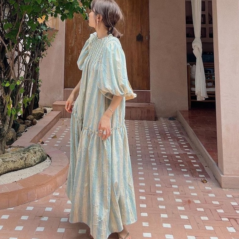 ワンピース マキシ丈ワンピース 5分袖 ボリューム袖 ハイネック フリル マキシ丈 かわいい 大人可愛い きれいめ シンプル 上品 おしゃれ カジュアル こなれ感 個性的 主役級 存在感 抜け感 春