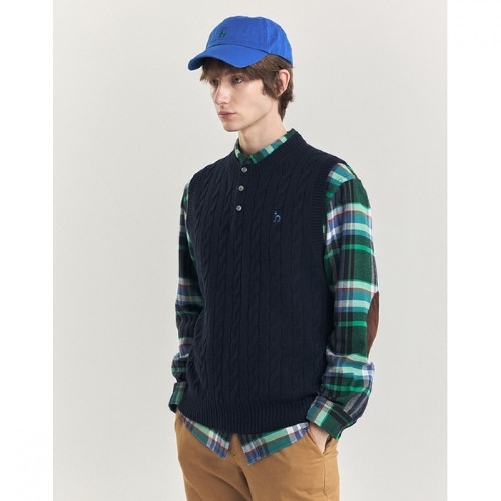 (ヘッジズ) 24FW ネイビーウールヘンリーネックケーブルベスト HZSW4D361N2