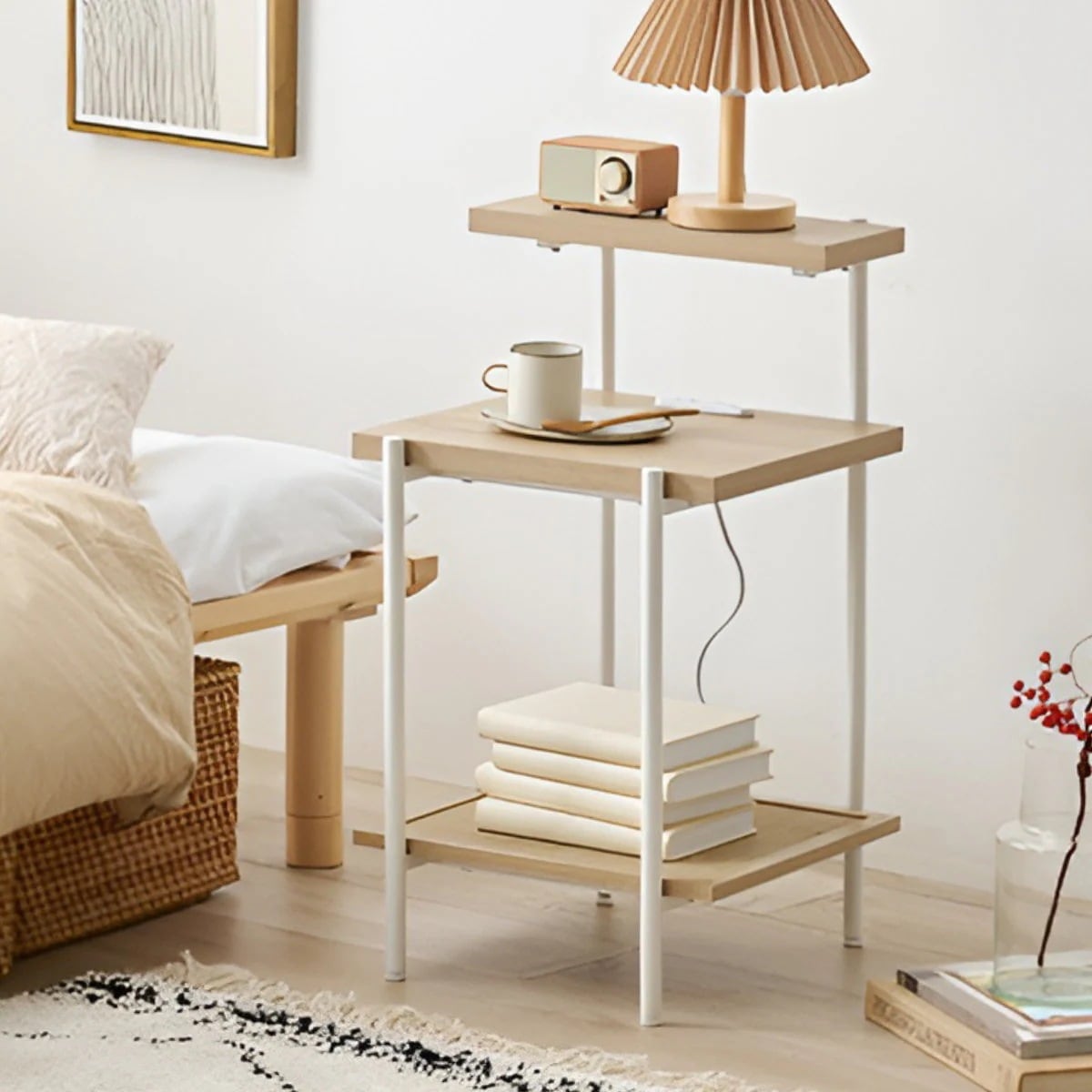 サイドテーブル 高さ70cm ラタン調 棚付き ナイトテーブル ベッド ソファ サイド テーブル コンセント付き ラック 収納 木目調 おしゃれ ナチュラル 北欧風 韓国風 インテリア