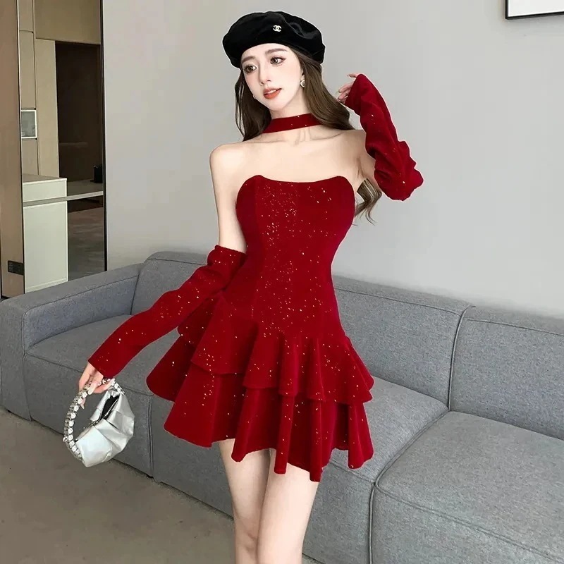 25大人気急速発送無料クリスマスワイン赤の胸拭きベルベットワンピース女性用ボトムドレスプリンセスケーキスカート