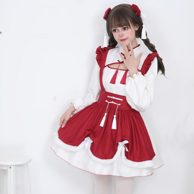 中華風メイド服 レディースコスチューム 長袖 メイド喫茶 メイドコスチューム 可愛いメイド服 ショート丈 エプロン ウェイトレスコスプレ 萌え 可愛い 美少女ウェア ハロウィン衣装 クリスマスパーティ