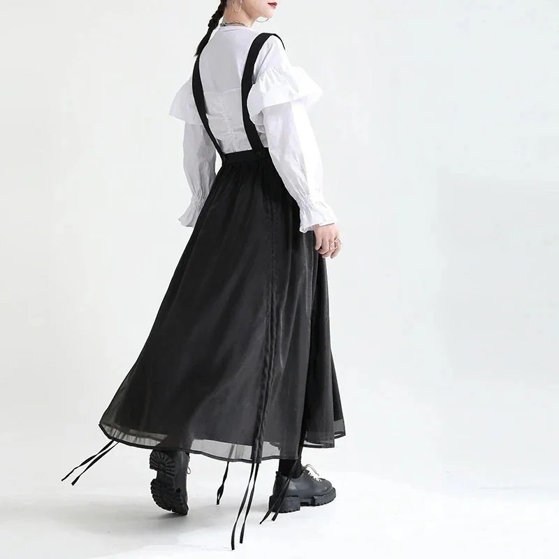【J.Fashion】 サロペット キャミスカート レースアップ ロングスカート 巾着 スリム ハイウエスト レディース スカート メガ割