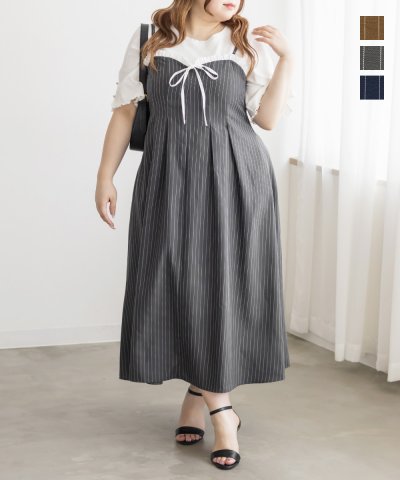 大きいサイズ レディース LL 3L 4L XL XXL XXXL CLETTEオリジナルフリルリボンストライプキャミワンピース