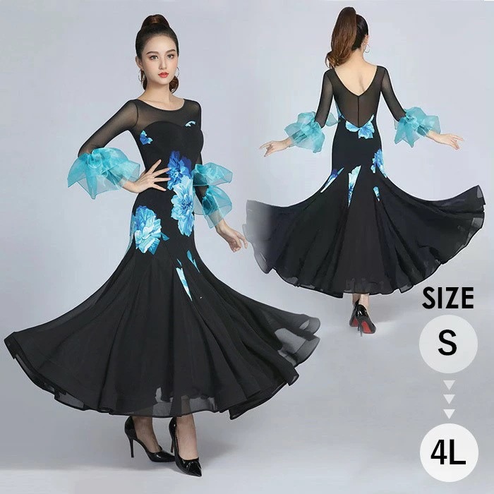 【NEWカラー追加】社交ダンスドレス モダンドレス 社交ダンス衣装 社交ダンス ドレス 大きい裾 スタンダードドレス ワルツダンス 透け感 ステージ衣装 ダンス衣装 ダンスウェア 競技会 パーティー
