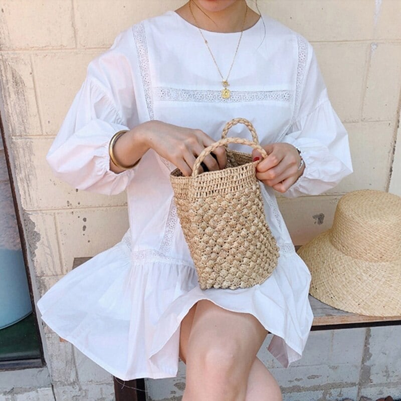レディース ワンピース ブラウス 白シャツ 膝上 パフスリーブ クルーネック フレア ミニスカート