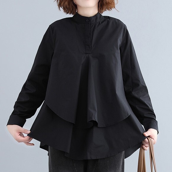 トップス シャツ ミディアム丈 袖あり 長袖 襟付き スタンドカラー ワイド Aライン シンプル カジュアル おしゃれ かっこいい 大人女子 ラフ メンズライク ルーズ クール モード系 存在感 無地