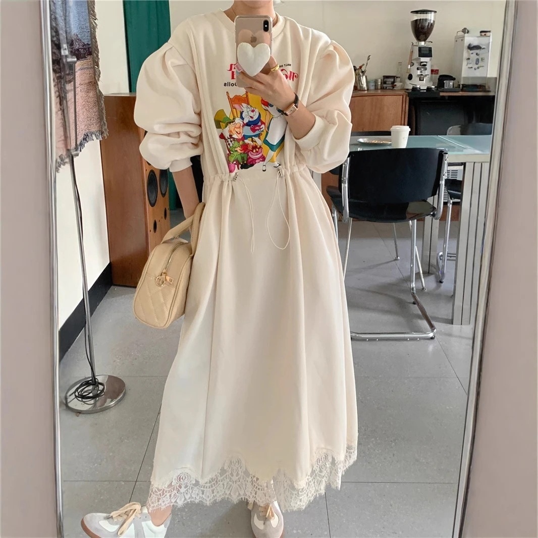 ワンピースドレス長袖ロングマキシ丈ワンピレディースファッション 裏起毛 防寒 韓国ファッション ワンピース 長袖ワンピース 長袖 レース 厚手 ロングワンピース スウェットワンピース 着痩せ