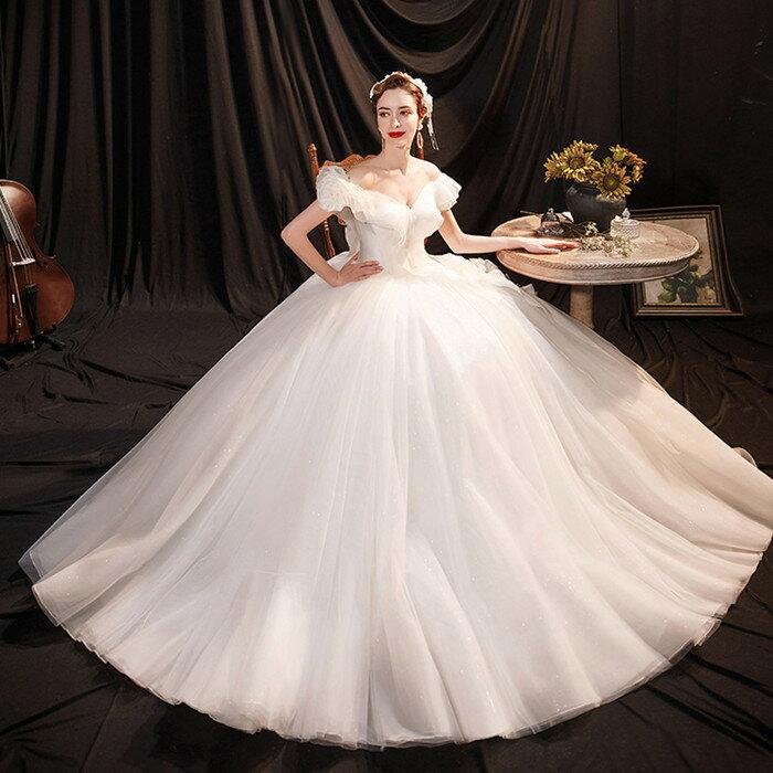 ウエディングドレス 二次会 ウェディグドレス 海外挙式 前撮り 花嫁 結婚式 ブライダル 披露宴 ロングドレス エンパイア プリンセスラインドレス オフショルダー