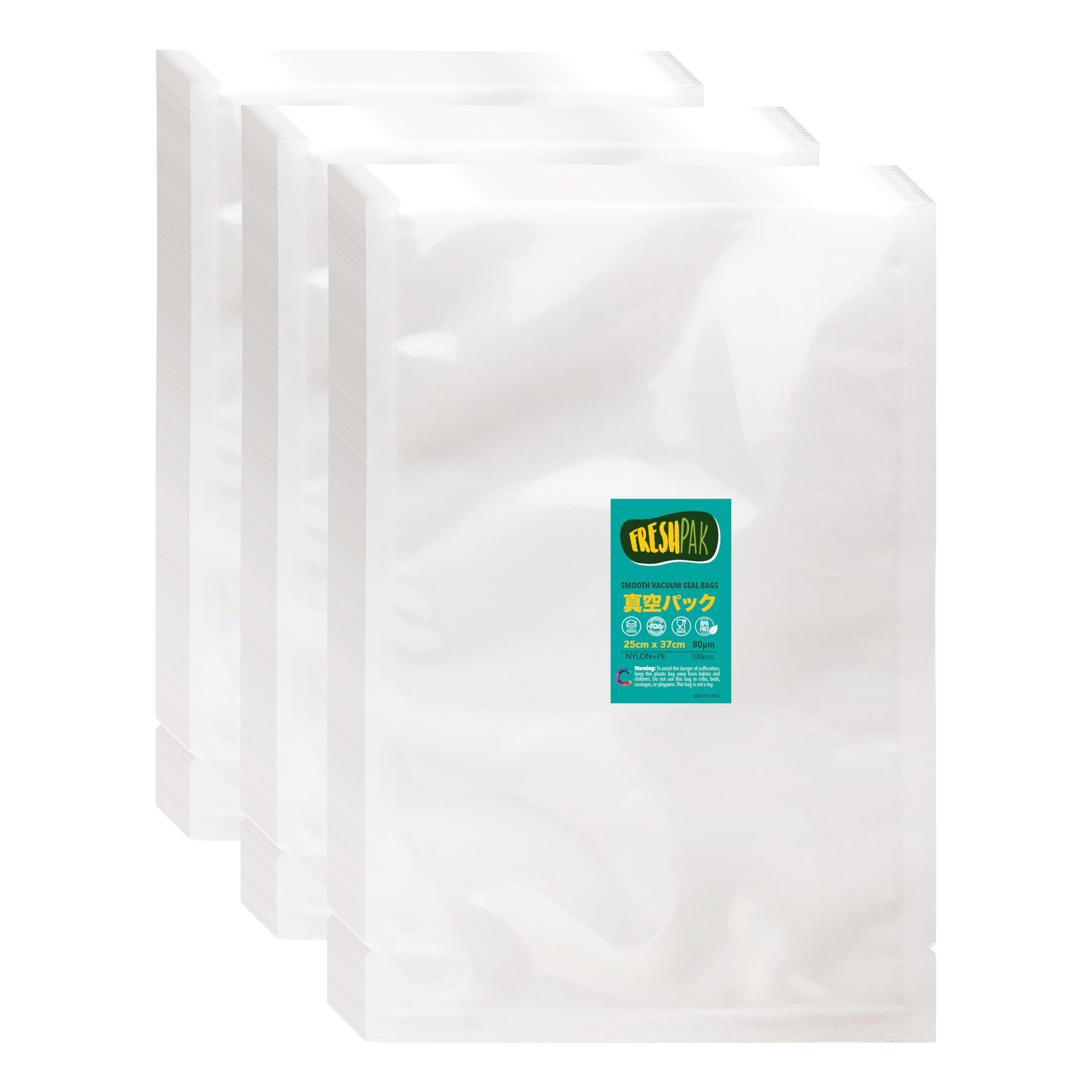 真空パック 袋 真空パック機専用袋 FRESHPAK スムーズ エンボス加工無し 25x37cm (9.8*14.6) 80μ 3x100枚入り 真空袋 高強度五層/三方規格袋 ナイロンポリ袋