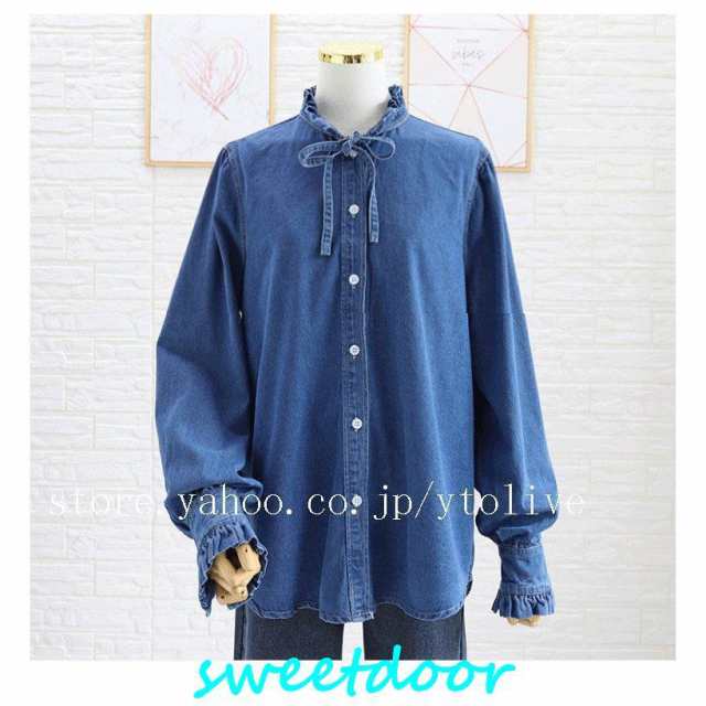 ブラウス レディース トップス シャツ デニム 立ち襟 フリル リボン ボウタイ 長袖 春 春服