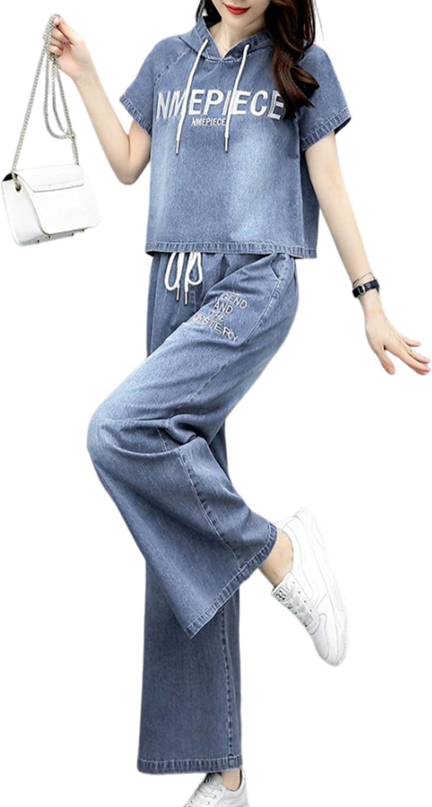 [MARIA MARFA] ロゴ デニム セットアップ レディース パーカー パンツ 上下 ワイドパンツ カジュアル きれいめ 無地 作業着 薄手 部屋ぎ ゆるい ヨガ 楽 ラフ 仕事 普段着 白 春