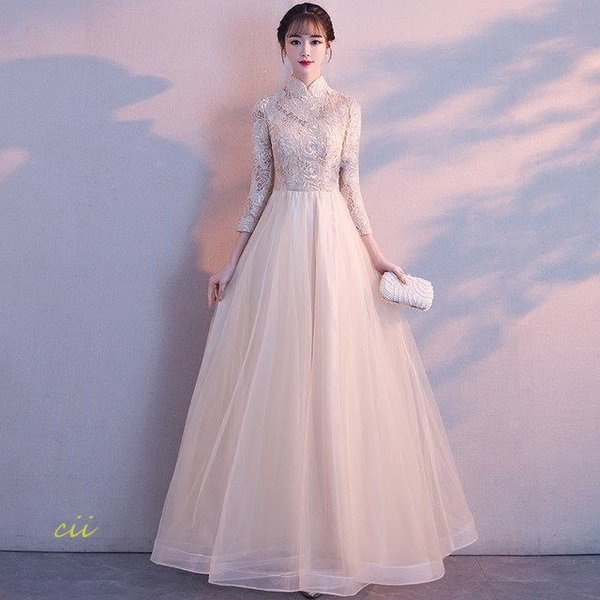 チャイナドレス 20代 30代 二次会 発表会ドレス 結婚式 シャンパン色 お呼ばれ ロングドレス Aライン ロング丈 パーティードレス