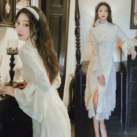 パーティードレス ワンピース ドレス 結婚式 お呼ばれ ミモレ丈 レース ボリューム袖 レトロ 個性的 秋 冬 10代 20代 30代 きれいめ おしゃれ 二次会 長袖 フレア 白 スリット