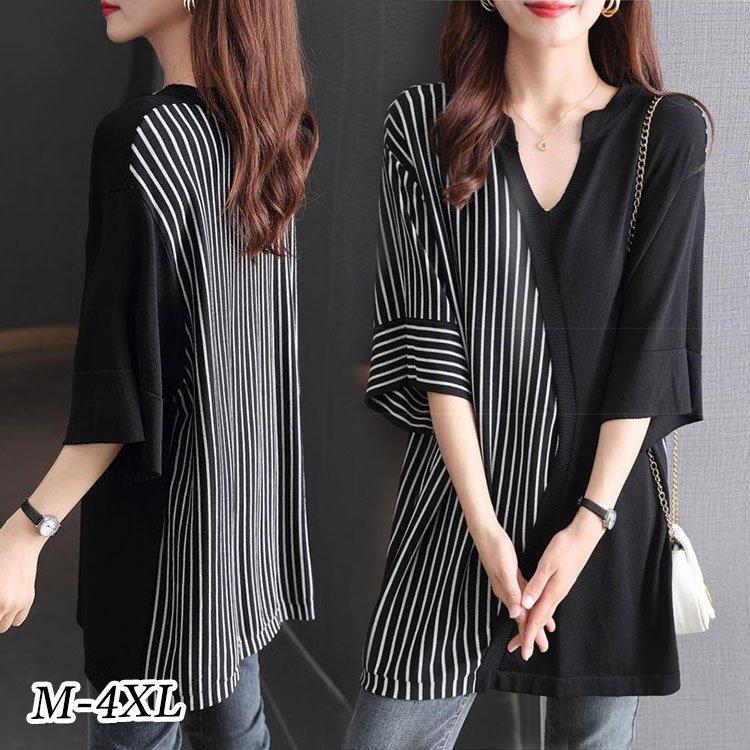 トップス レディース ニット グレー 春夏秋 長袖 vネック 体型カバー おしゃれ 切り替え 異素材 カジュアル ストライプ柄 30代 40代 50代