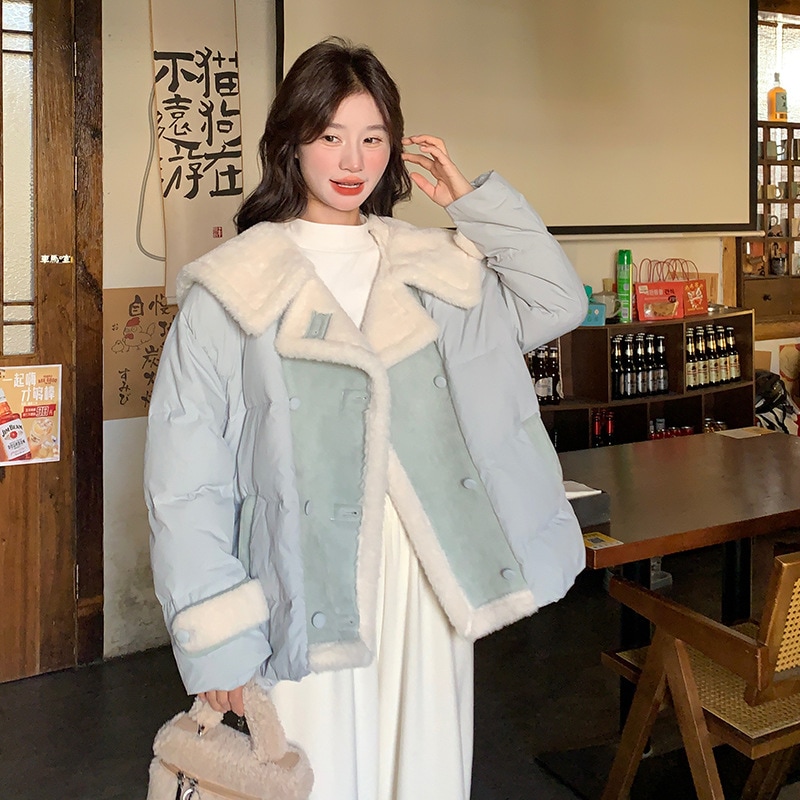 ブルーショートスモールラムウールスプライシングダウンジャケット2024年新厚み軽減ホワイトダックダウンジャケット