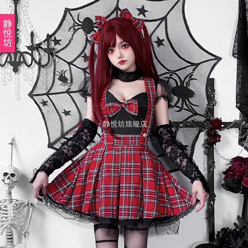 ヨーロッパとアメリカのダークゴシックサブカルチャーハロウィンホットティー赤と黒のパンクスカートY2Kチェック柄ロックガールグループパフォーマンスコスチューム