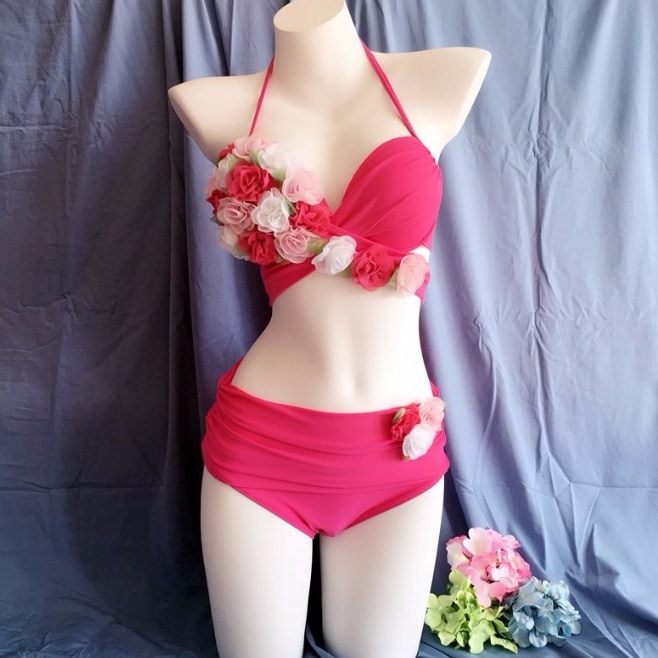 水着 ビキニ セパレート ホルターネック ノンワイヤー パッド付き 小胸 バックリボン バックシャン バックコンシャス 伸縮性 胸元 谷間 谷間魅せ 盛れる 美ヒップ 美尻 美バスト 美胸