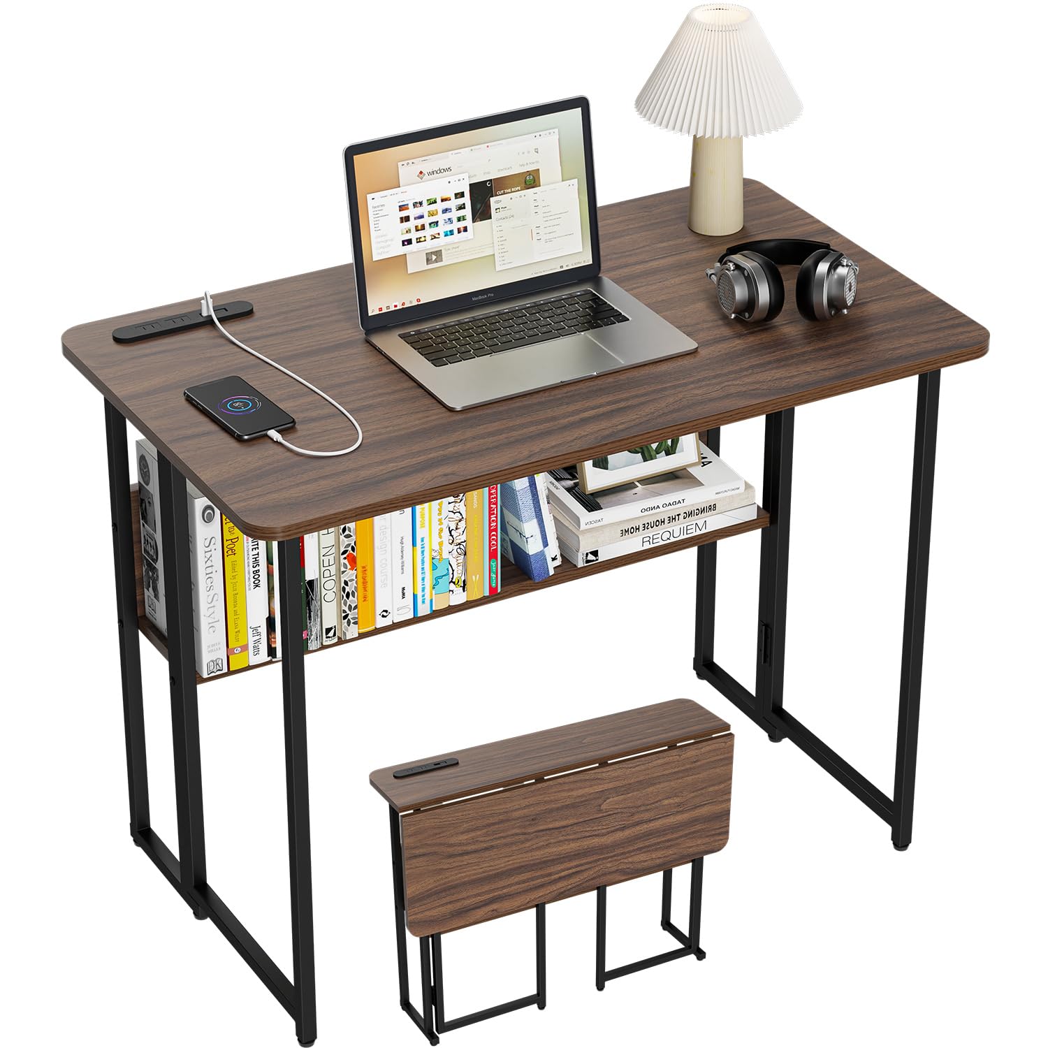 折りたたみデスク 多機能 折りたたみ テーブル 省スペース机 折り畳みコンパクデスク (幅100cm, クルミ) 90937