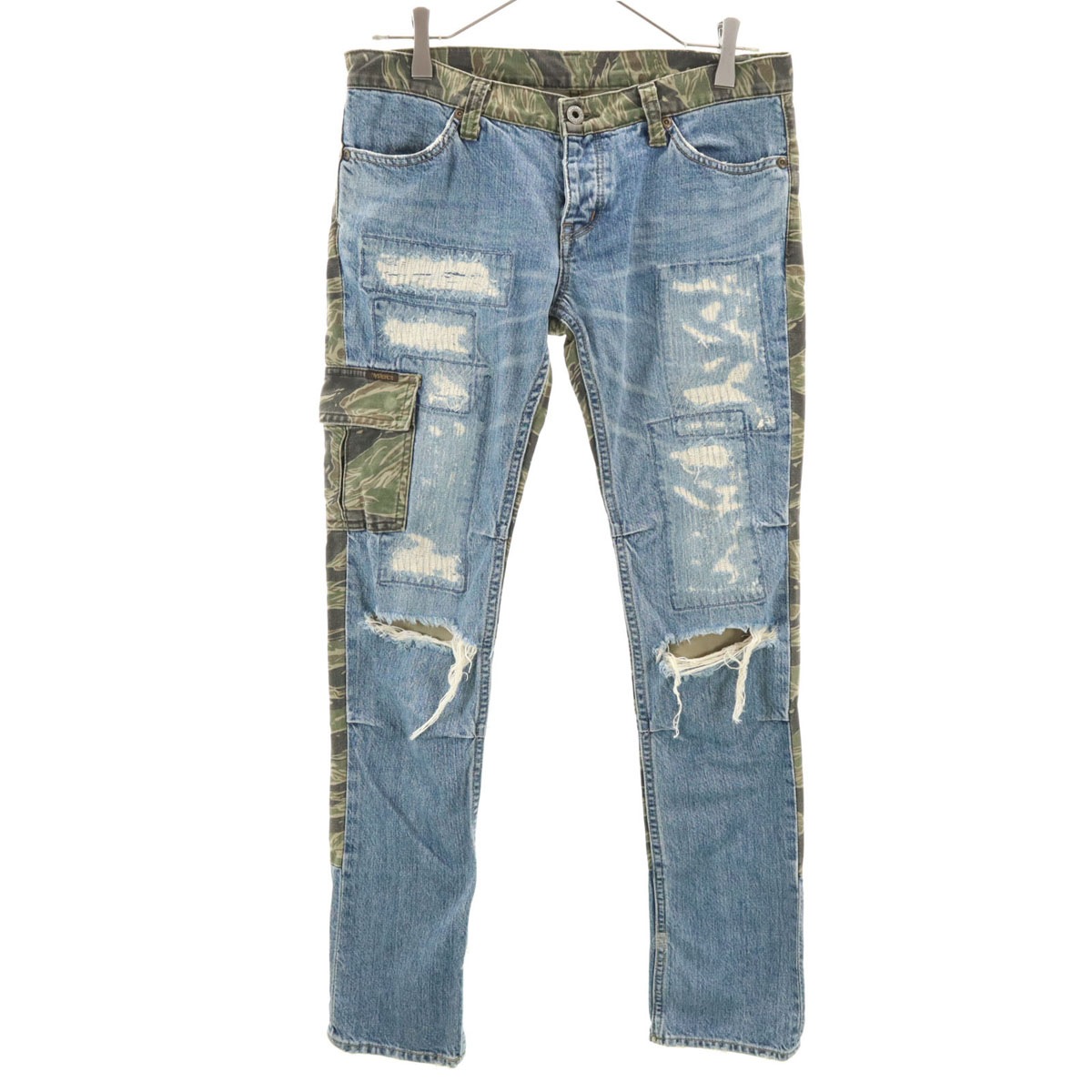 HYSTERICS ヒステリックス 日本製 カモフラ柄 ヴィンテージ加工 デニム切替 スキニーパンツ S カーキ 迷彩 ヒステリックグラマー レディース 古着