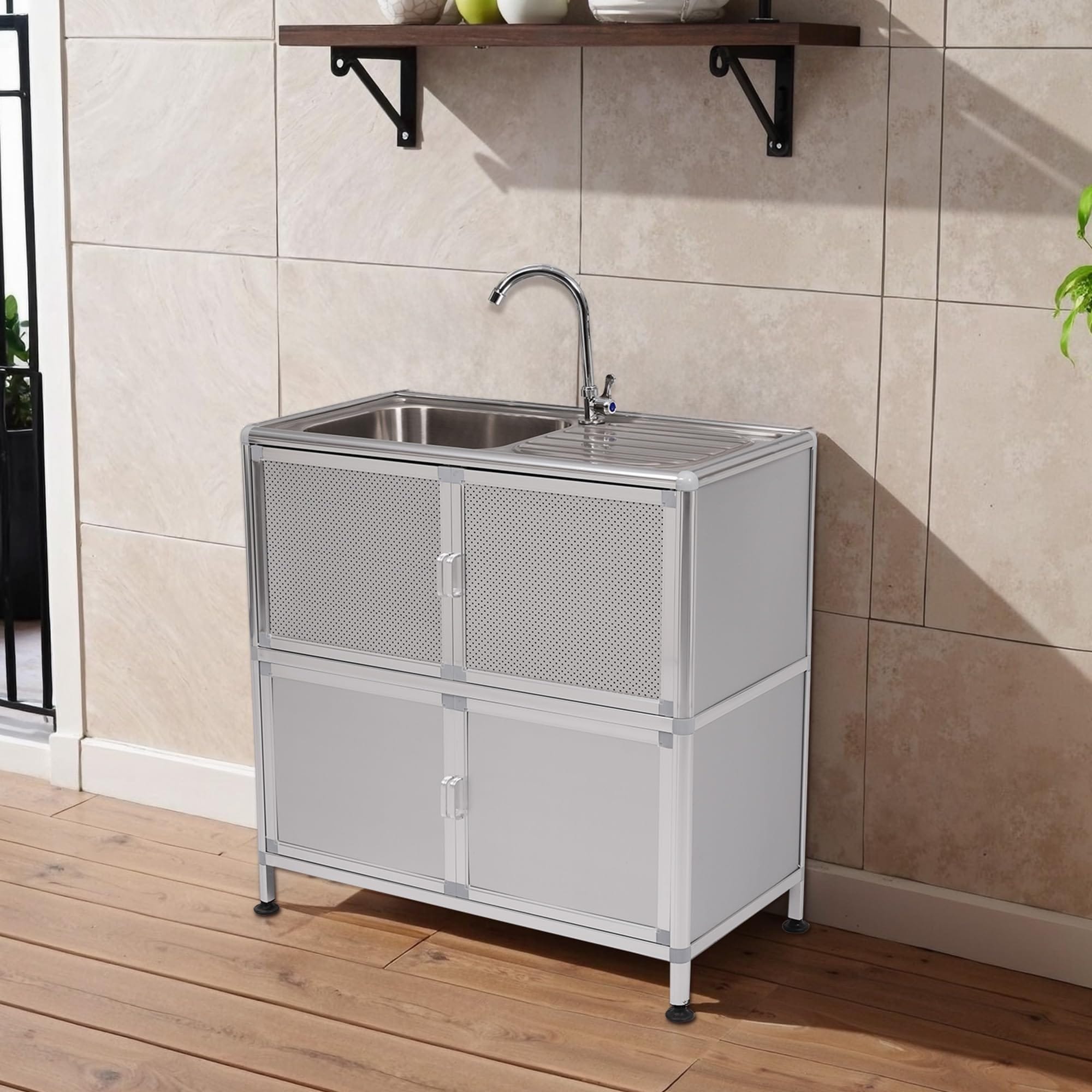 BTM 流し台 ステンレス ガーデンシンク 作業台 キッチン 台所 屋外 シンク 組み立て簡単 収納棚付 庭 高さ調節 調理台 頑丈 シルバー Type A