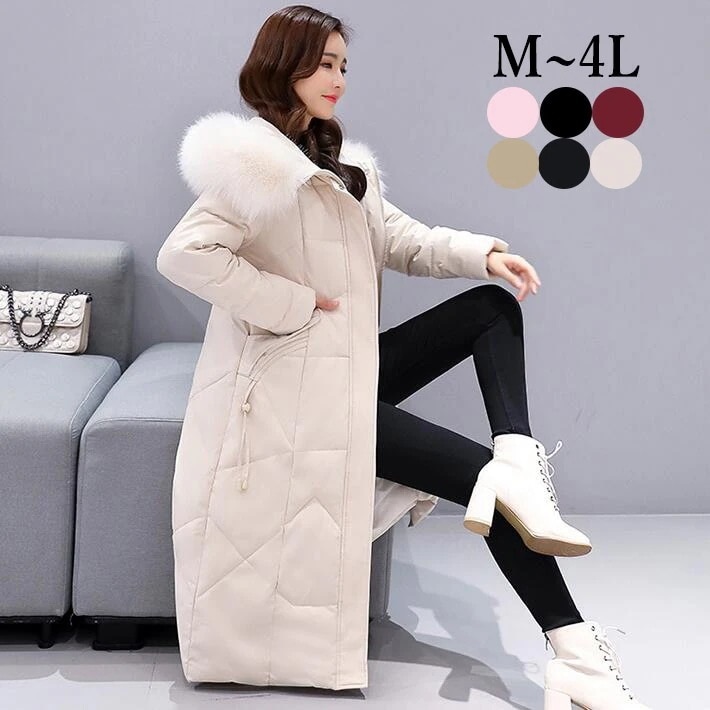 ファー付き　中綿ロングコート　綿入れ　中綿　ダウン ロングコート ロゴ　コート フード付き 大きいサイズ　　温かい　軽量 防寒　冬　M L 2L 3L 4L今日は30パーセント