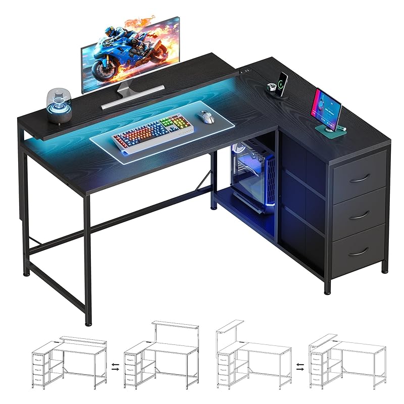 YeTom l字デスク 机 ゲーミングデスク パソコンデスク モニタ台の高さ調節可能 コーナーデスク 本棚付き 引き出しとコンセント付き 左右入れ替え対応 オフィスデスク 勉強机 学習机 幅100.5