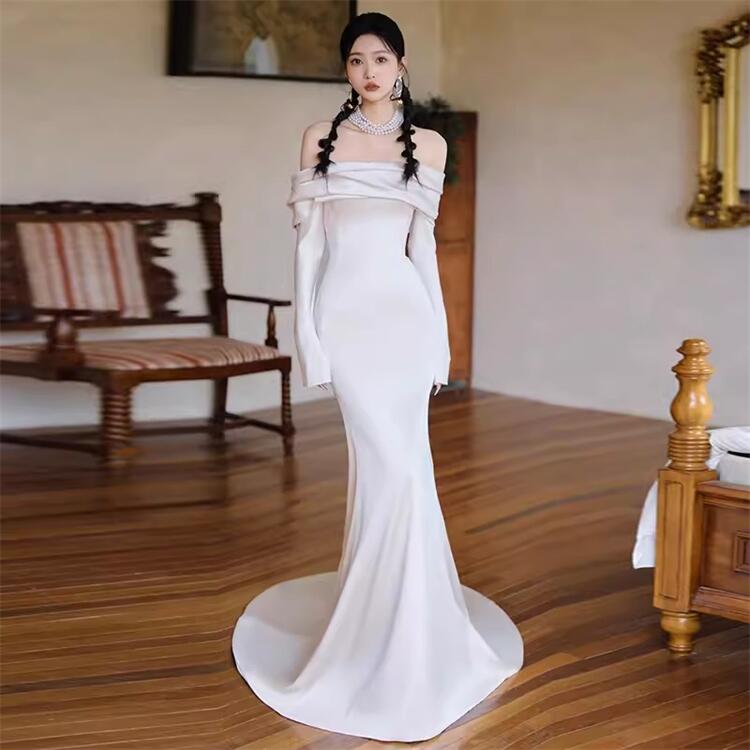 ホワイト　ウェディングドレス　レディース　　長袖　オフショルダー　 ロング丈　ロングドレス ウェディングドレス 白　パーティードレス　二次会ドレス　ブライダル　撮影　XS/S/M/L/XL　レディ