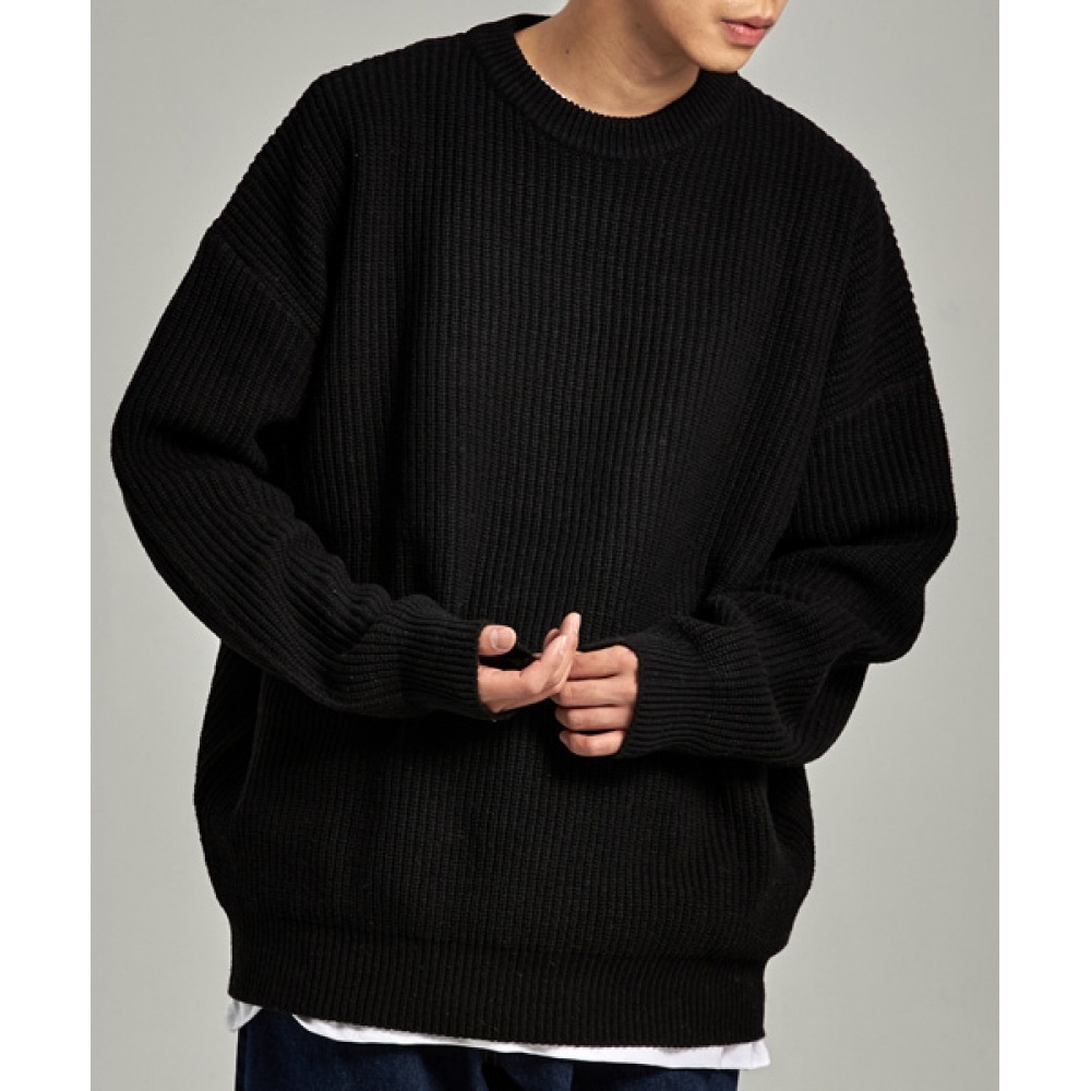 TAKEASY ラムスウールクルーネックオーバーニット（ブラック）